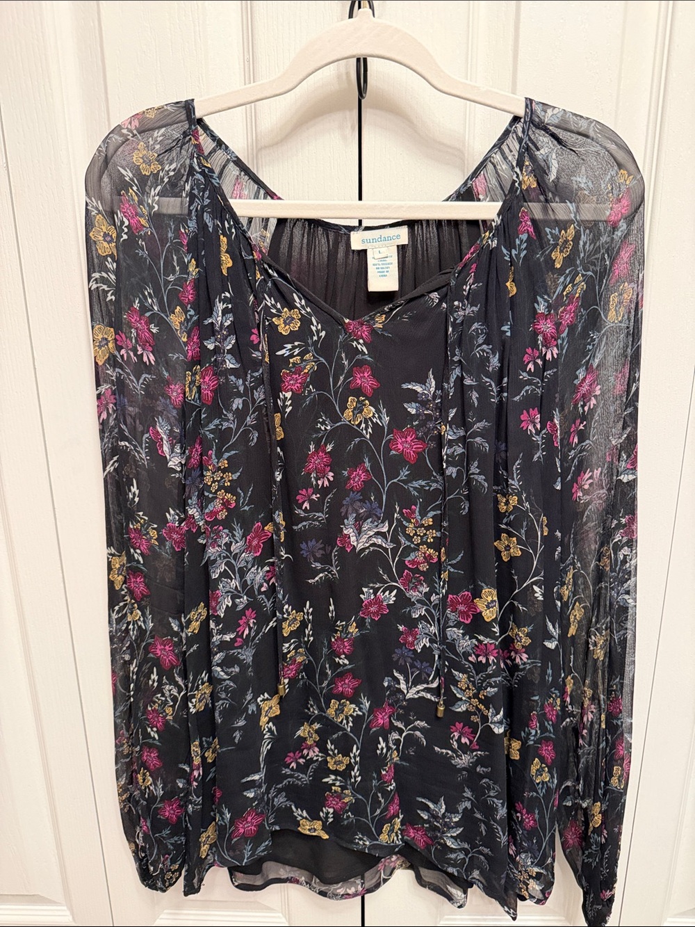 Roundtree & Yorke Black Floral Sheer Peasant Blouse with Pink & Gold Flowers